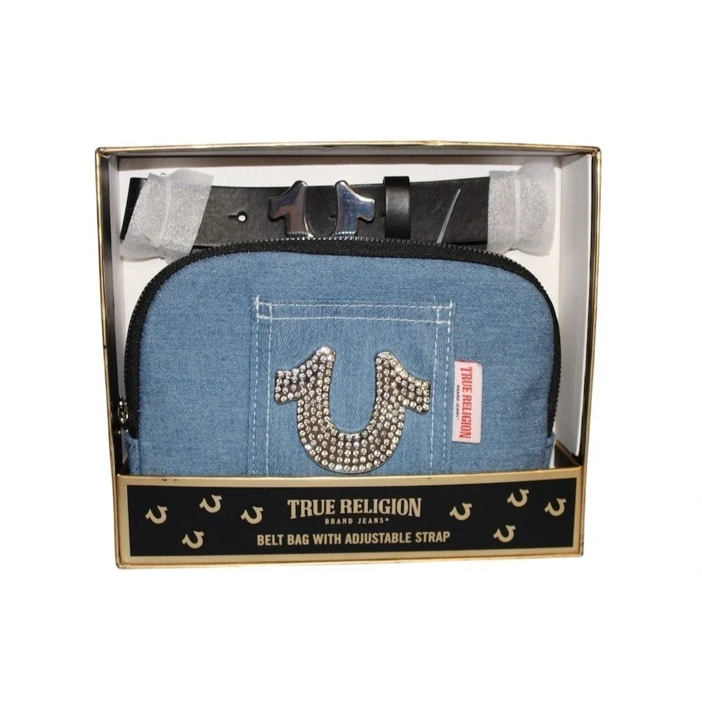 True Religion Belt Bag Fanny Pack Unisex Light Blue Rhinestone Logo w/ Box
